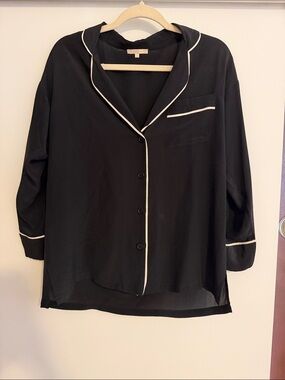 100% Silk Black Piped Button-Up Blouse with Cream Trim